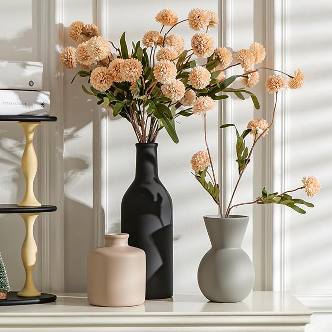 Ceramic Flower Vase Set of 3, Fake Flowers in Vase for Centerpieces with 8 Artificial Autumn Chrysanthemums Artificial Decorative Swags