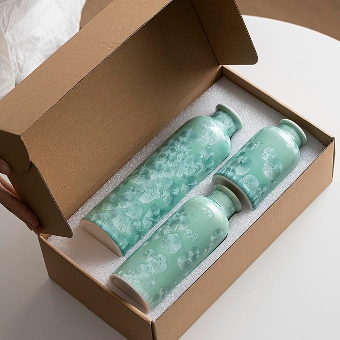 Modern Ceramic Vase Set of 3, Green Crystalline Glaze Colors, Decorative Bottles for Home, Farmhouse Rustic Decor Housewarming Gifts, Wedding Gifts, Birthday Gifts for Women(Crystalline Glaze Green)