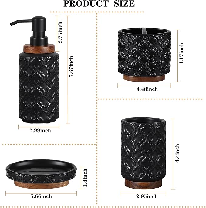 RQYIXI Elegant 4 PCS Ceramic&Wood Bathroom Accessories Set:Soap Dispenser,Toothbrush Holder,Tumbler,Soap Dish,Easy to Clean,Quatrefoil Pattern,Black-Affordable Luxury for Home Decor Enthusiasts