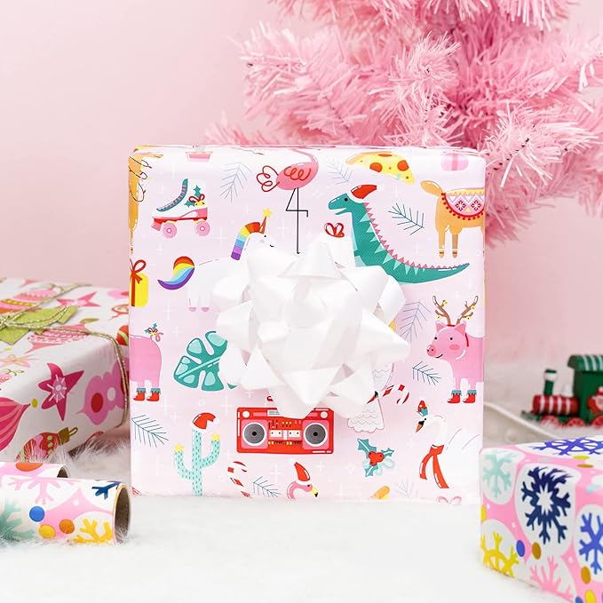 MAYPLUSS Pink Christmas Wrapping Paper - Mini Roll - 17in x 120 in Per roll - Pink White Snowfakes, Unicorn,Bell for Xmas Gift Wrap Retro Christmas Ornaments,for Holiday, New Year (46.8sq.ft)