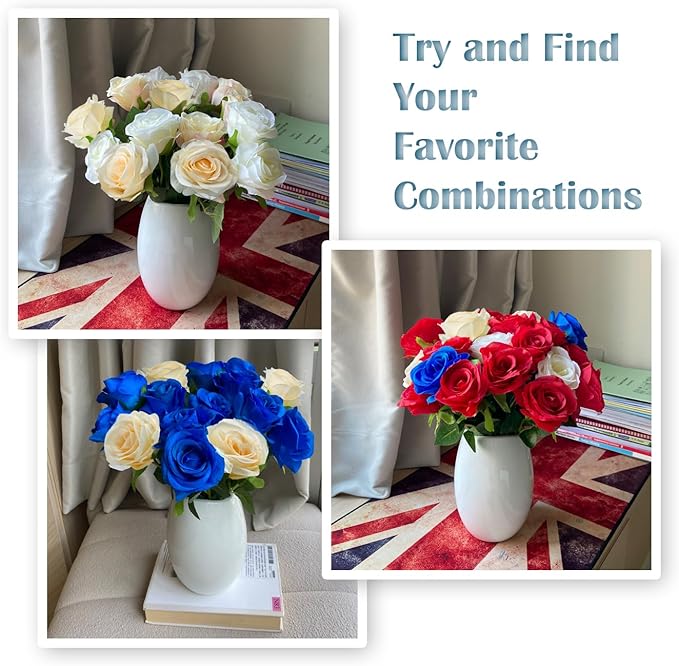 12 PCS Rose Artificial Silk Flowers, Fake Roses with Long Stems Realistic Faux Rose Flower Bouquets for Home Wedding Decoration Party-Champagne