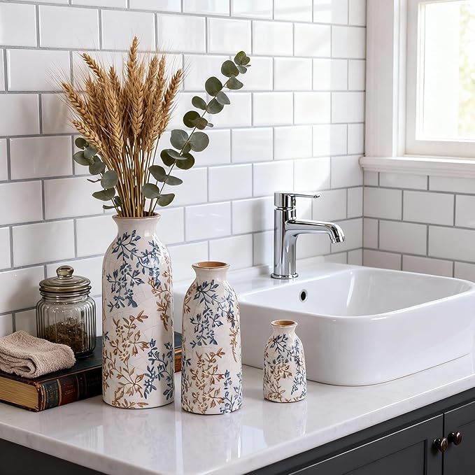 Ceramic Vase Set of 3, Blue and Beige Vintage Floral Glazed Vases for Home Decor, French Country Rustic Farmhouse Style Flower Vases, Grandmillennial Table Centerpiece for Living Room or Kitchen