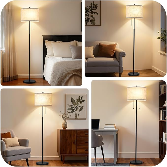 Luvkczc Floor Lamp, 62" Standing Lamp Tall Lamp with Fabric Lampshade&Pull Chain Corner Floor Lamps for Living Room, Bedroom,Office, 2 Bulb Socket
