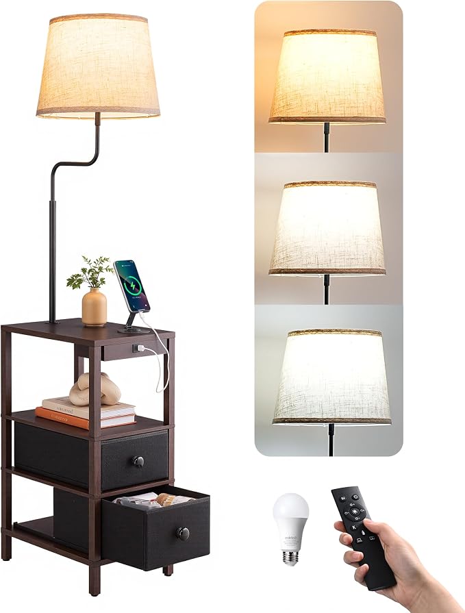 EDISHINE Floor Lamps for Living Room, Dimmable Bedside Floor Lamp with Table and 2 Shelves, USB-A+Type-C Port, Farmhouse Standing Light for Bedroom, Den, Office with Bulb, Dark Walnut