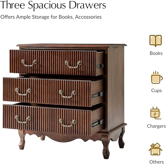 HULALA HOME Transitional Side Table Set of 2 with 3 Drawers and Charging Station, 28" Solid Paulownia Wood Sidetable with Vertical Stripe, Walnut