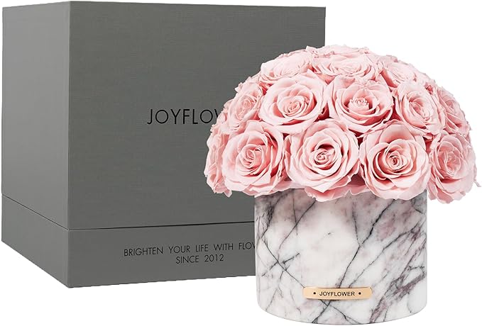 JoyFlower Preserved Flowers Vase Marble, Roses Marble Vases for Centerpieces, Pink Eternal Flower Decorations for Party Home Living Room Bedroom Coffee Table, Decorative Flower Vase
