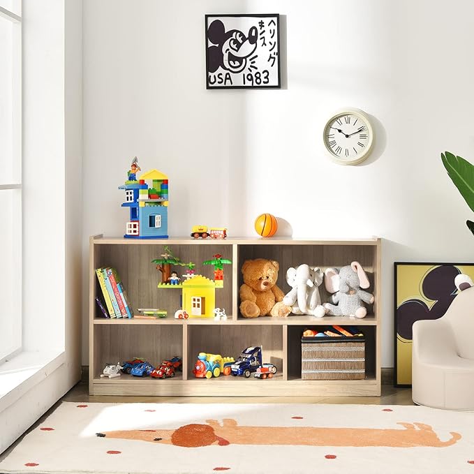 Costzon 2-Shelf Bookcase for Kids, Wooden Toy Storage Organizer for Books Toys, 5-Section Freestanding Classroom Daycare Montessori Bookshelf for Preschool, Home Playroom & Kindergarten
