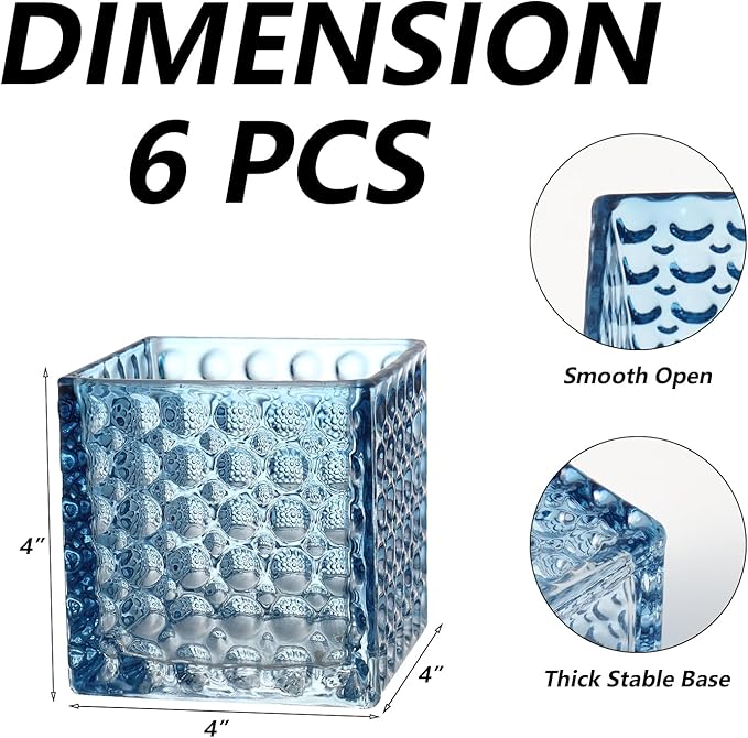 Square Vases Set of 6, 4" x 4" x 4" Square Glass Vases for Flowers, Blue Flower Vase for Centerpieces, Small Bubble Vase for Wedding, Party, Home, Office, Parties, Events