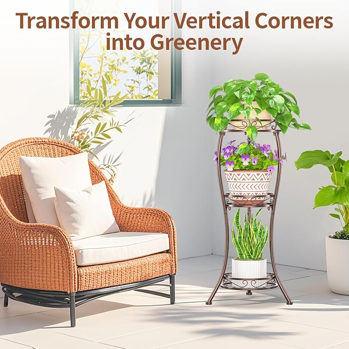 LASZOLA Bronze 3 Tier Tall Plant Stand for Indoor Outdoor, Large Multiple Level Flower Planter Holder Organizer Rack for Patio Office Bathroom Corner Floor, Sturdy Heavy Duty Metal, Vertical Display