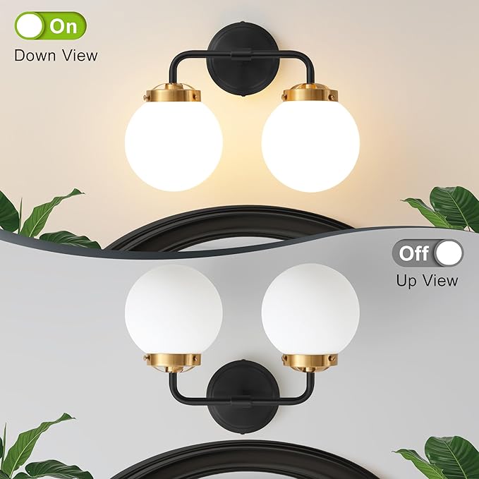 Black Gold Bathroom Light Fixtures Over Mirror, 14.17'' Vanity Lighting with Milk White Glass Globe Shades 2-Light Farmhouse Wall Sconce