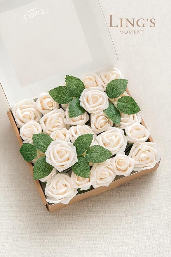 Ling's moment Artificial Wedding Flowers 1.5" Rose Buds and 2" Petite Roses 25pcs Cream w/Stem for DIY Wedding Boutonniere Wrist Corsages Bouquets Centerpieces Arrangements