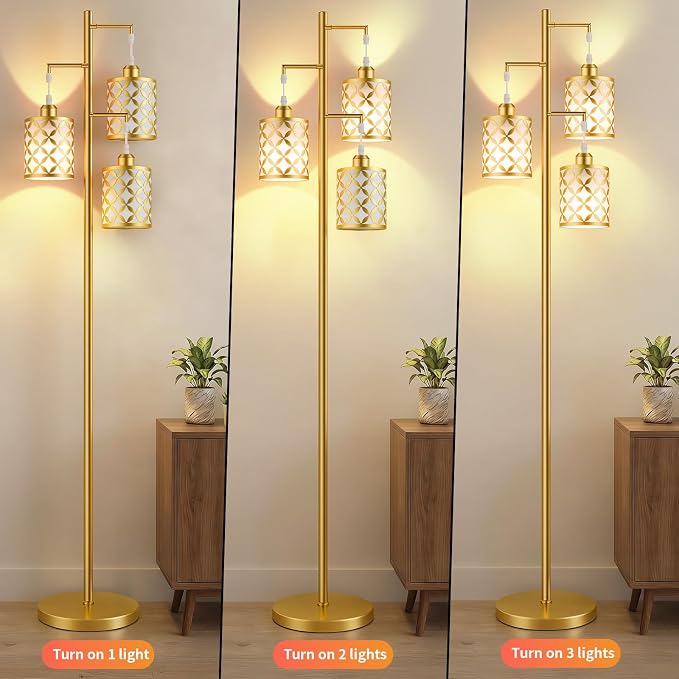 Dimmable Floor Lamp, Farmhouse Standing Lamp with Elegant Metal Cage, Industrial Tall Tree Floor Lamps for Living Room, Bedroom, Study Room, Office, 3 x 1100LM LED Bulbs Included, 72", Gold