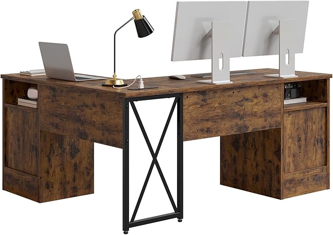 Bestier Farmhouse L Shaped Desk with Drawers, 63" x 47" Office Computer Desk with Charging Station & Fluted Storage Cabinet, Corner Desk with File Drawers, Modesty Panel for Home Office, Rustic Brown