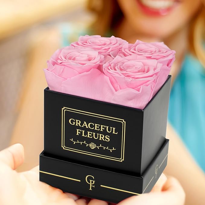 Graceful Fleurs | Real Long Lasting Roses for Years | Preserved Fresh Flowers for Delivery Birthday | Birthday Gifts for Women | Forever Roses in a Box (Pink, Black Box, 4 Roses)