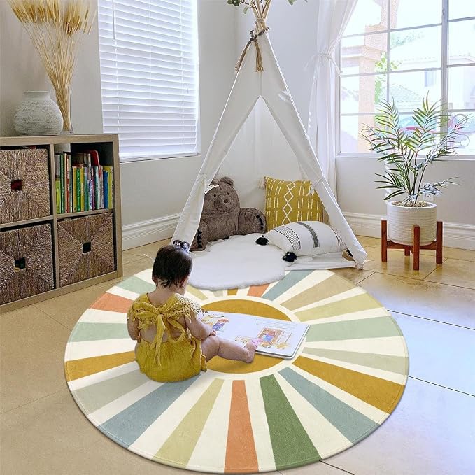 STARUIA Boho Washable Rug 5 Ft Round Area Rug for Bedroom, Rainbow Circle Kids Rug for Office, Non-Slip Circluar Carpet Soft Sunshine for Dorm Nursery Sofa Living Room Corner