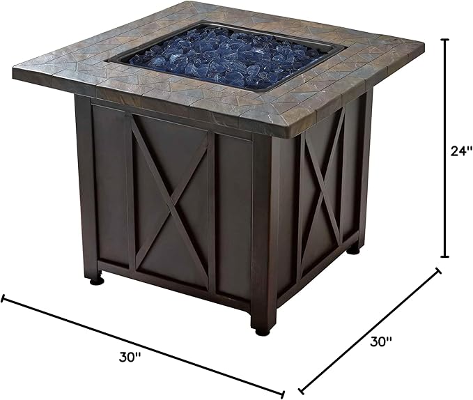 Endless Summer 30 Inch Square 30,000 BTU Liquid Propane Gas Outdoor Fire Pit Table w/Push Button Ignition, Blue Fire Glass, & Steel Fire Bowl, Bronze