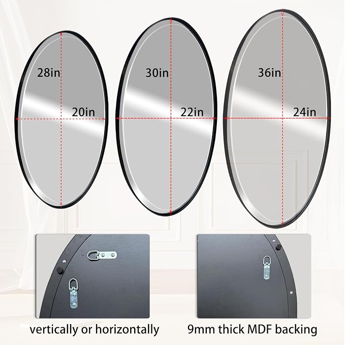 POZINO Oval Beveled Mirror, 24"x36" Bathroom Vanity Mirror for Over Sink, Matte Black Modern Oblong Wall Mirror for Living Room Entryway Bedroom Hallway Fireplace, Hangs Horizontal Or Vertical