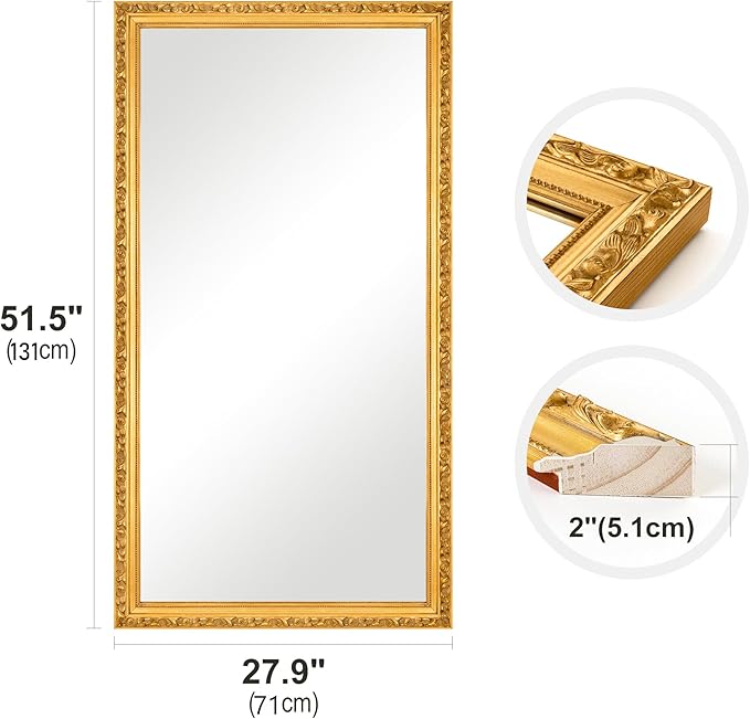 Large Vintage Decorative Mirror for Wall Decor, 52'' x 28'' Gold Antiuqe Living Room Mirror with Ornate Frame, Traditional Vintage Gold Mantle Mirrors, Horizontal/Vertical