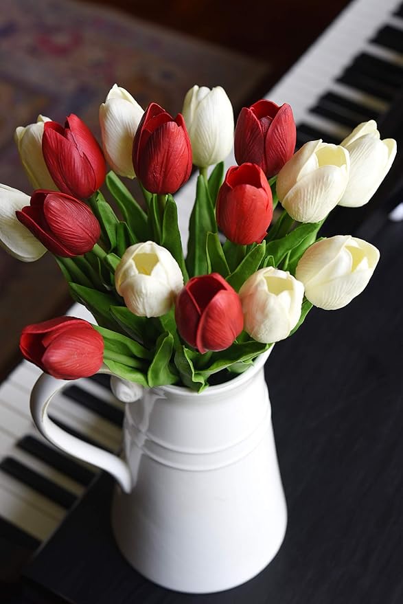 FiveSeasonStuff Real Touch Tulips Artificial Flowers – 15 Stems Faux Tulip Bouquet in Gift Box for Wedding, Home Decor, Party, Floral Arrangements (Currant Red)