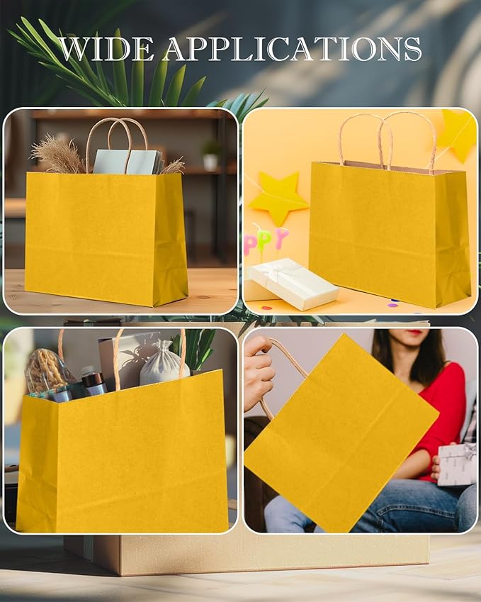 qiqee 13"x4.5"x10" Large Gift Bag with Handles Bulk 32PCS Gift Paper Bags Yellow Bags Multiple Uses (Wide Large)