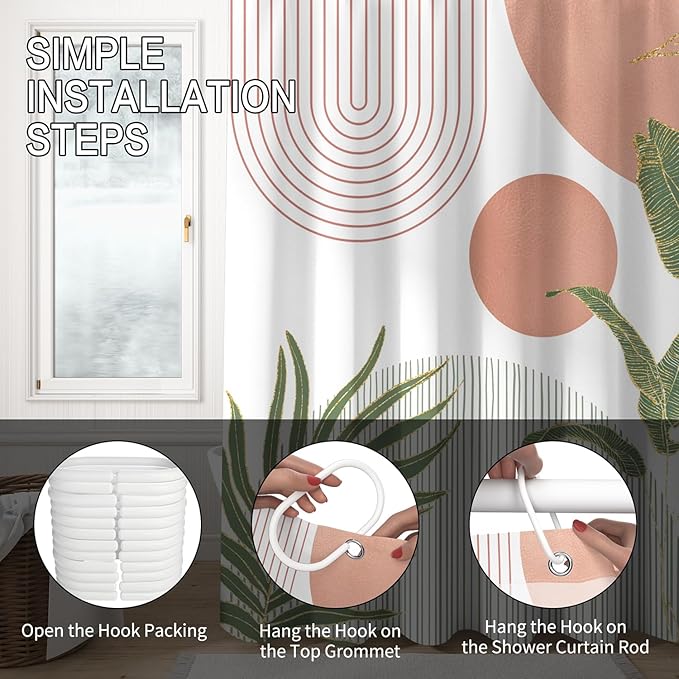 Mid Century Boho Shower Curtain, Abstract Modern Sun Minimalist Aesthetic Shower Curtain, Bohemian Geometric Arch Curve Leaves Neutral Art Fabric Bathroom Curtains Pink 36x72 inch