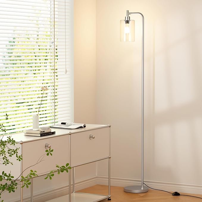Ziisee Floor Lamps for Living Room - Industrial Standing Lamp with Glass Shade, Modern Floor Lamp with LED Bulbs, Tall Lamp for Bedroom Office - Brushed Nickel