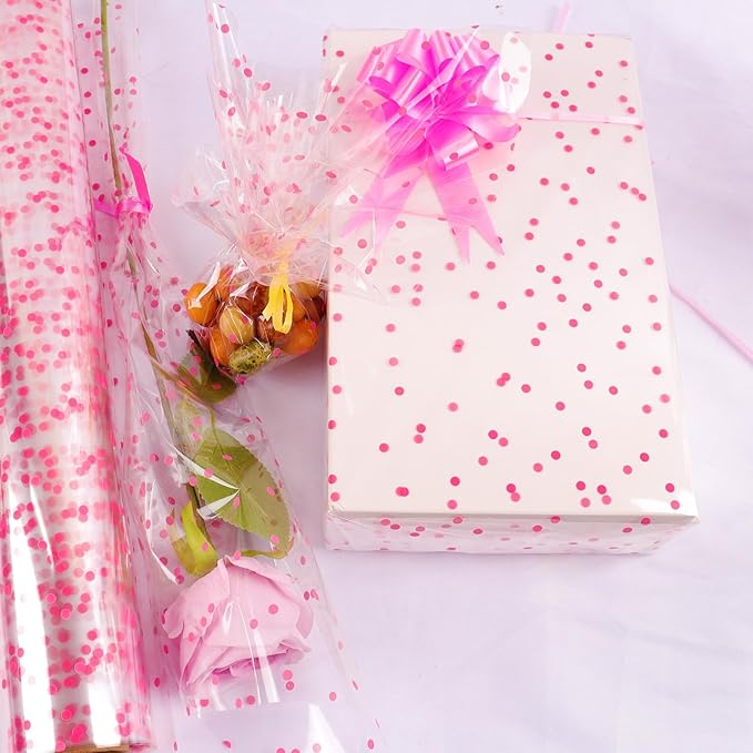 CMFYHM 34in x 100ft Clear Cellophane Wrap Roll (Pink Polka Dot),Transparent Cellophane Wrap Roll for Treats, Gifts, Baskets, Flowers, Birthday Party,Easter, Christmas Decorations