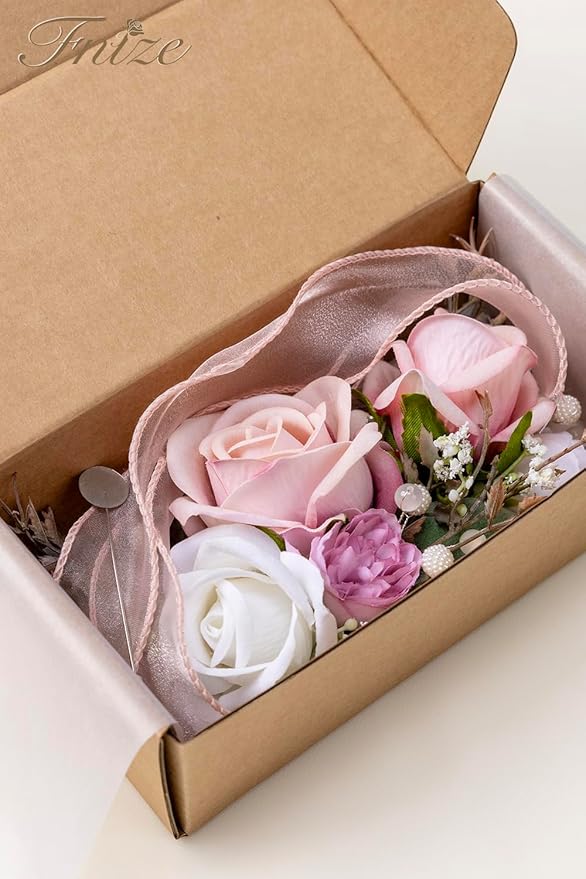 Fnize Pink Corsage and Boutonniere Set for Bride Groom Bridesmaids Groomsmen Wedding Homecoming Flowers Prom Suit Accessories, Rose Boutonniere and Wrist Corsage Flower