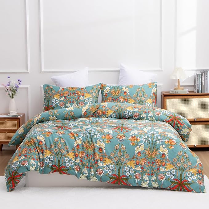 Nayoroom Vintage Floral Duvet Cover Set King Size Vibrant Boho Yellow Orange Flowers Printed on Teal Blue Comforter Cover 3Pcs Soft Microfiber Garden Style Bedding Set with Zipper Closure