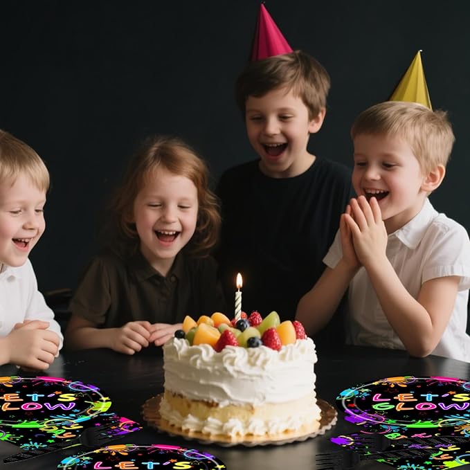 48pcs Neon Party Decoration Set,16 Dessert plate,16 Napkin And 16 Fork,16 persons Disposable tableware,Used Let Glow Birthday Party Supplies