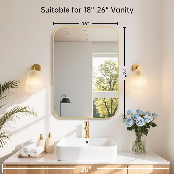 16x24 Inch Gold Bathroom Mirror, Brushed Brass Gold Metal Framed Rectangular Mirror with Rounded Corner, Wall Mounted Vanity Mirror for Bedroom or Living Room, Horizontal/Vertical
