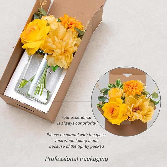 WELL KNOWN Artificial Flowers in Glass Vase with Fake Water, Silk Peony Rose Flower Bouquet for Home Dinning Tea Table, Office Desktop, Hotel, Wedding, Party, Lavatory Decor & Gift (Yellow & Orange)
