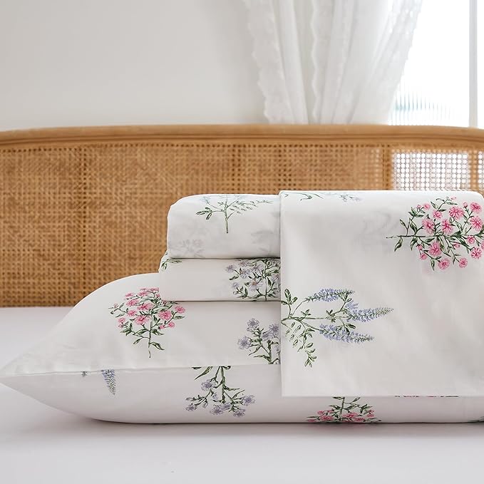 100% Cotton Sheet Set King Size – 4-Piece Chic Garden Floral White Bedding Set, Soft Breathable Percale Weave, Deep Pocket Fitted Sheet 17.5", Crisp Cool Feel, Refined Botanical Elegance