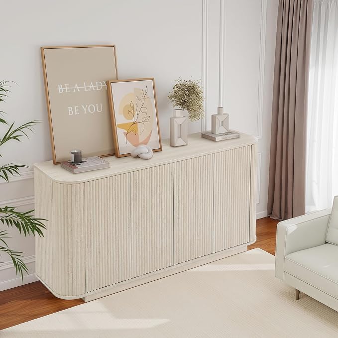 64" Sideboard Buffet Cabinet with Storage, Modern Fluted Accent Credenza with Adjustable Shelves, Wood Media Console Coffee Bar Table for Living Room Kitchen Dining Room, 31.5" H, Rock Grey