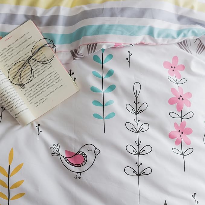 HighBuy Floral Printed Bedding Sets Full Duvet Cover Girls Cotton Comforter Cover Full Size Garden Aesthetic Reversible Striped Bedding Sets 3 Piece Bed Boho Comforter Cover Duvet Cover Set