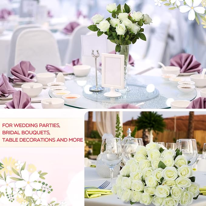 Jexine 50 Pcs Artificial Rose Flower Bulk Realistic Silk Fake Roses with Long Stem Plastic Artificial Flower Bouquet Real Looking for Home Wedding Centerpieces Party Decoration(White)