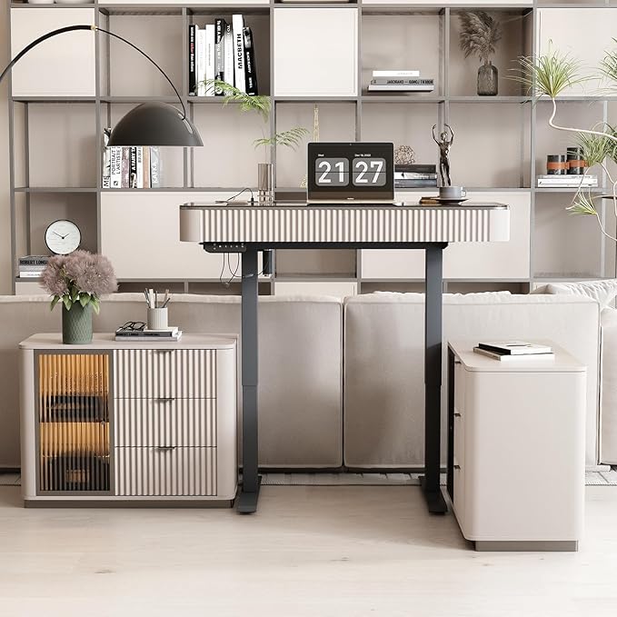 Lartis Office Desk, Electric Standing Desk with Built-in Outlets, Tempered Glass Top Modern Office Computer Desk with 2 Side cabinets (Pale Pink, 47)
