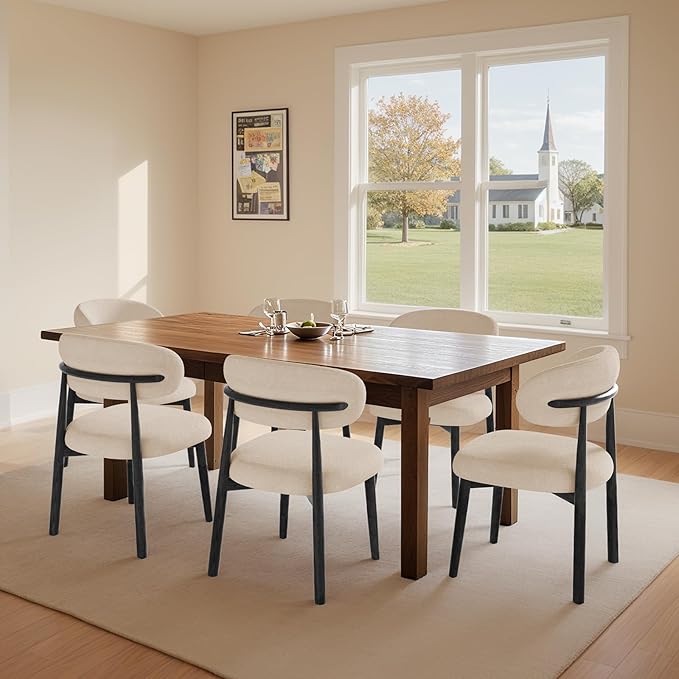 Wooden Dining Chairs Set of 8, Mid Century Modern Fabric Upholstered Kitchen Chairs Side Chairs, Farmhouse Dining Room Chair with Black Legs for Kitchen Dining Room Restaurant Cafe, Beige, Only Chairs
