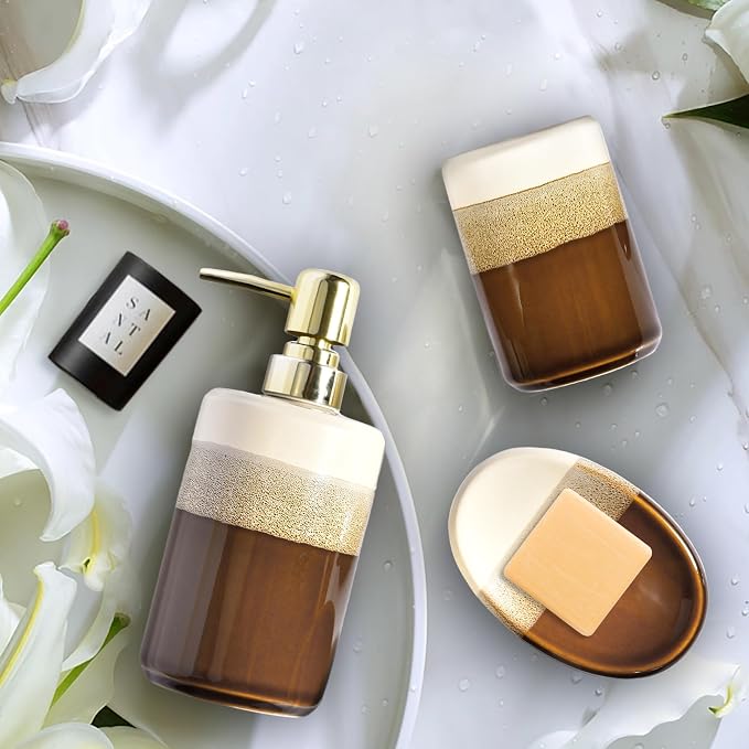 Bathroom Accessories Set of 3, Natural Reactive Glaze Ceramic Bathroom Sets Complete-Toothbrush Holders, Soap Dispenser, Soap Dish, Luxury Bathroom Decor, Bathroom Countertop Organizer, Brown Gold