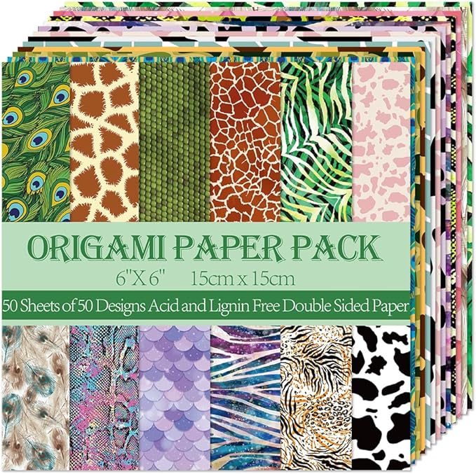 Square Origami Paper 6x6 Double Sided 50 Sheets 50 Colors 70GSM Origami Kit Japanese Chiyo Easy Fold Arts Crafts DIY Handwork Animal Fur