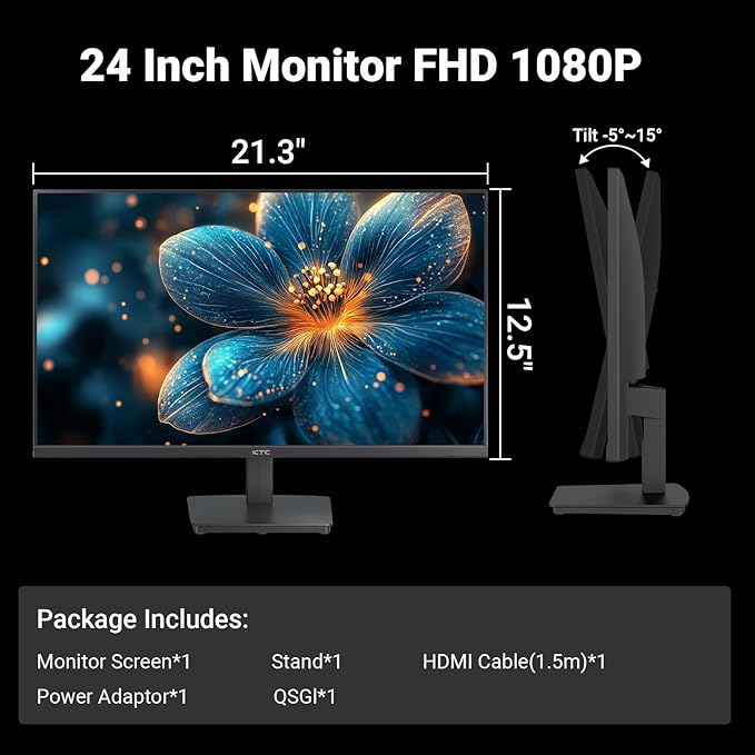 KTC 24 Inch FHD 1080P 100Hz Computer Monitor, VA Panel FreeSync PC Gaming Monitor, HDMI VGA Ports, HDR, 4000:1 Contrast, LowBlue Mode, Ergonomic Tilt Eye Care for Home Office