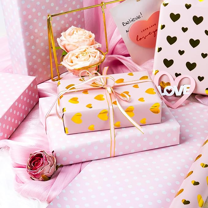 Yarcony Pink Wedding Wrapping Paper, Gold Heart Gift Wrapping Paper, Reversible Love-Themed Girl Gift Wrap for Anniversary Birthday Valentine's Day Mother's Day Christmas(17 Inch X 33 Feet)