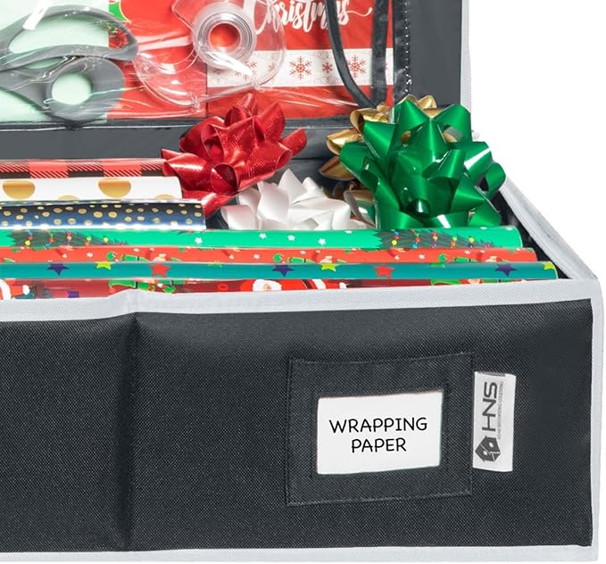 HOLDN' STORAGE Premium Wrapping Paper Storage Container - Durable 600D Tear-Proof, Fits 27 Rolls Gift Wrap, Extra Pockets for Ribbons & Bows, Underbed Storage - Ideal for Holiday Christmas, Black/White Trim