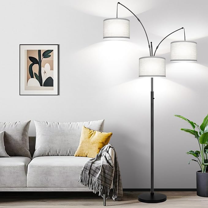 Dimmable Floor Lamp, 3 Lights Black Arc Floor Lamp, Modern Tall Standing Tree Lamp with Grey Linen Shades & Heavy Base, 3000LM LED Bulbs, Bright Lighting for Living Room, Bedroom, Office & Reading