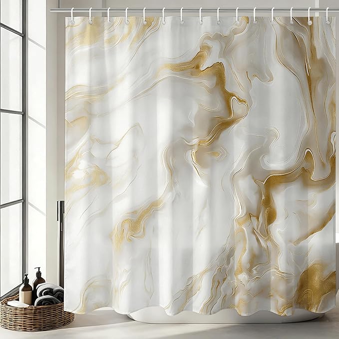 Mocsicka Shower Curtains for Bathroom, Gold Marble Shower Curtain for Bathroom, Abstract Gold and White Shower Curtain Modern Art Decor Waterproof Bath Curtain for Modern Bath Decor, 72 X 72 Inch