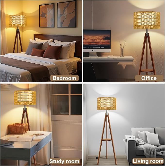 Rattan Wood Floor Lamp Tripod with Shelves, Mid Century Modern Floor Lamps for Living Room, 3 Color Temperatures with Foot Switch, Boho Standing Lamp for Bedroom Decor Walnut Brown Tall Lamps