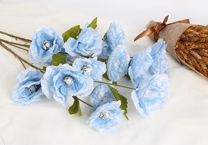 30 Heads 6PCS Blue Poppy Artificial Flowers 32in Silk Poppy Light Blue Flowers for Wedding Home Party Table Centerpiece Arrangement Decoration (Blue)
