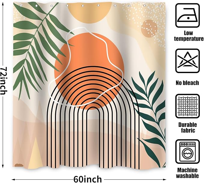 Mid Century Shower Curtain, Stall Abstract Boho Minimalistic Arch Sun Leaf Machine Washable Waterproof Fabric for Bathroom Bathtub Decor with Hooks 60Wx72H