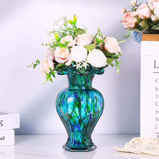 LCCCK 9.5" Tall Teal Blue Glass Vase Beautiful Hand Blown Glass Decor Flowers Vases for Centerpieces, Modern Murano Glassde Art Teal Vase, for Home Decor Table Entryway Wedding Decoration