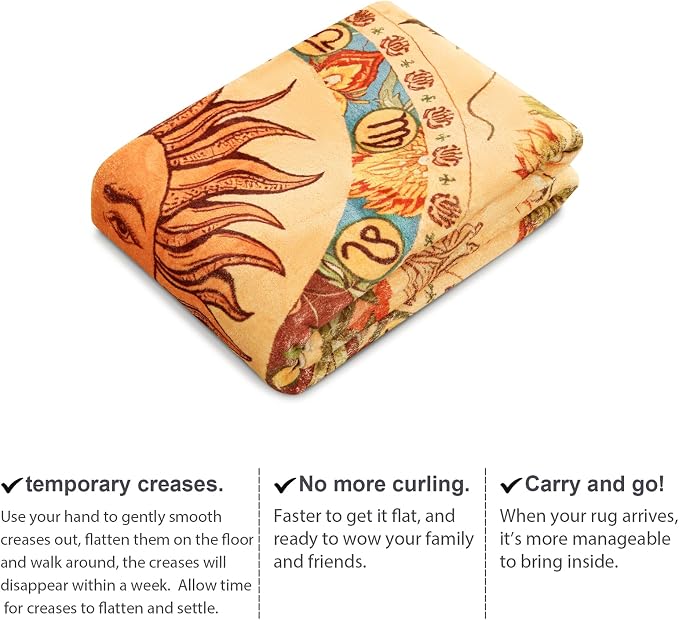 Ultra Thin Washable Mystical Rugs Stain Resistant, Sun and Moon 5x7 Area Rugs Non Slip - Retro Yellow Hippie Floral Throw Rugs for Living Room Bedroom Entryway, Trendy Indie Dorm Tapestry Rug